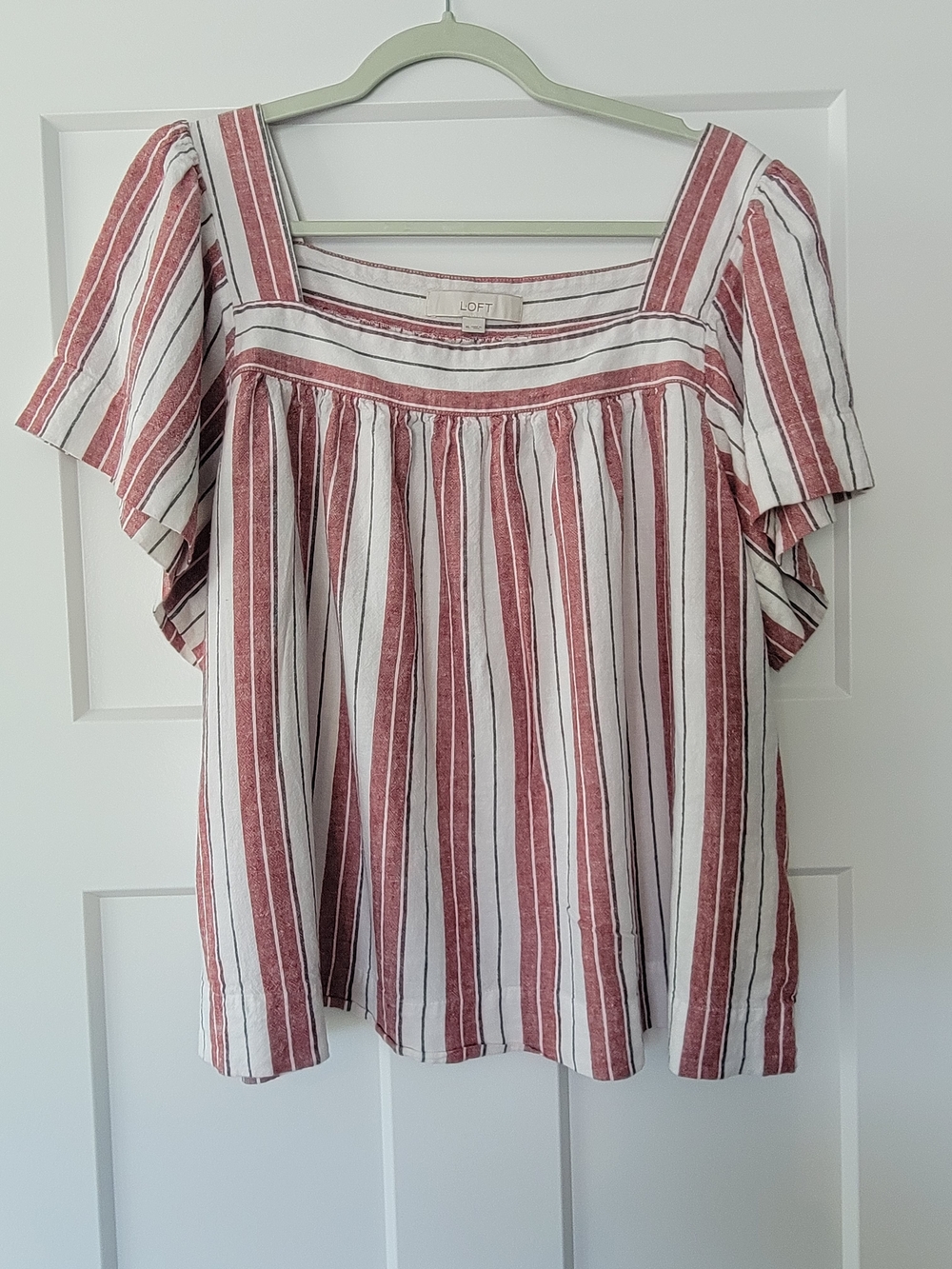 LOFT Red and White Vertical Stripe Square-Neck Linen Blend Blouse